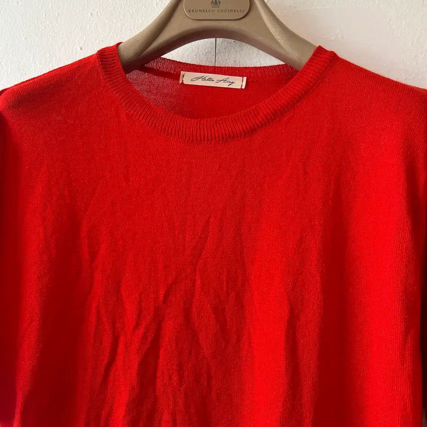 [BUNJANG] HelloAing Women's Red Short-Sleeve Knit T-Shirt / 헬로아잉 여성 레드 반팔니트티셔츠 라운드니트