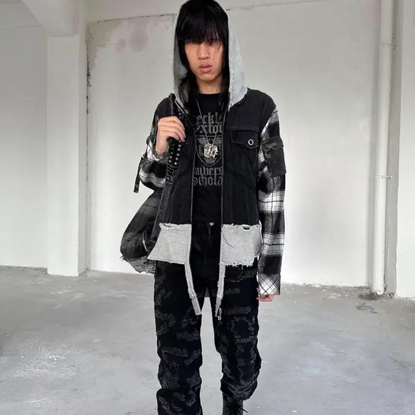 [BUNJANG] RECKLESS SCHOLARS Trashed Denim Flannel Trucker Jacket / RECKLESS SCHOLARS Trashed Denim Flannel Trucker Jacket