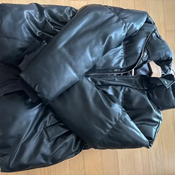 [BUNJANG] 8seconds Leather Short Puffer Jacket Black / 레더 숏 푸퍼 자켓 블랙 에잇세컨즈