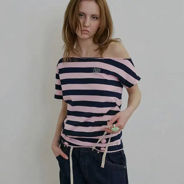 [BUNJANG] Sculptor Button Stripe T-shirt Pink / 스컬프터 버튼 스트라이프티 핑크