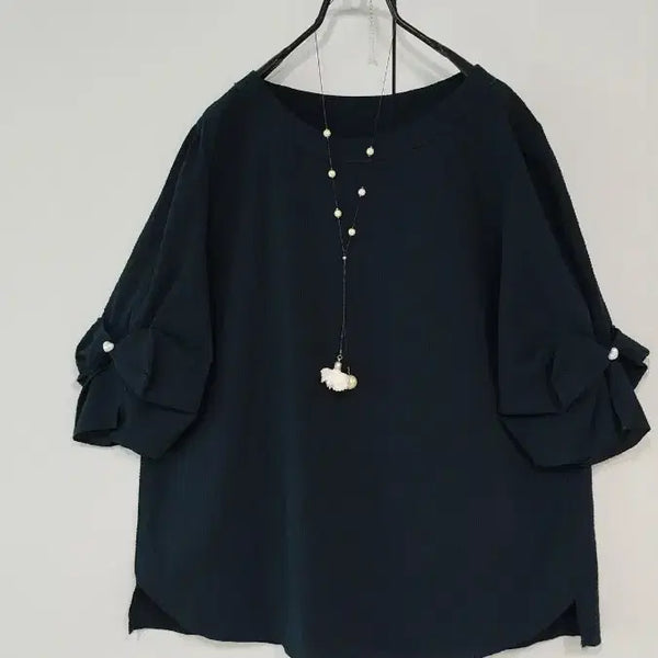 [BUNJANG] Navy Embossed Cool Fabric Blouse with Ribbon Sleeves / 77 88 네이비 까쓸한 엠보싱 쿨원단 리본 풍성 소매 뒷등단추 귀여운 블라우스