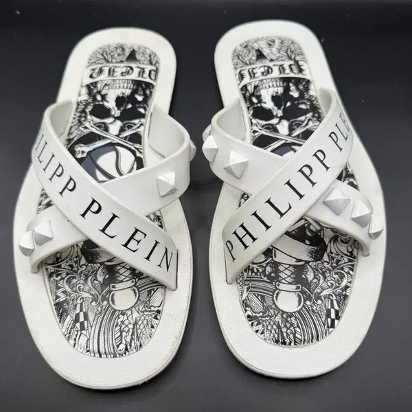 [BUNJANG] Philipp Plein White Skull Logo Studded Sandals Size 40 / 필립플레인 Philipp Plein 화이트 샌들 40