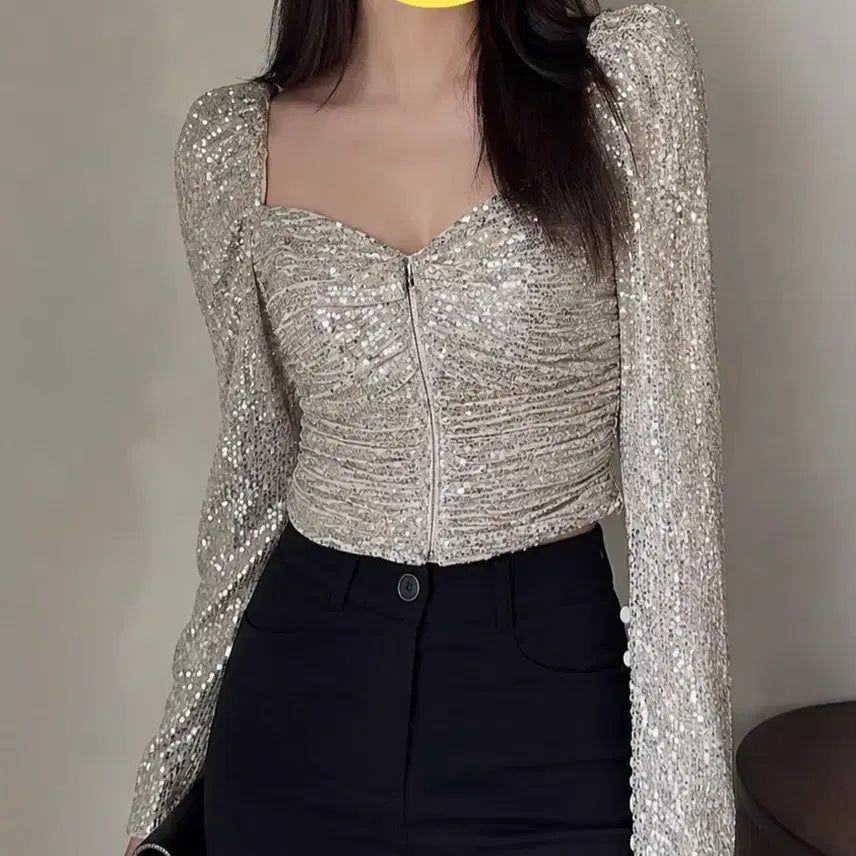 [BUNJANG] Self-Portrait Sequin Shirred Zip-Up Cardigan / [택있는새상품] self portrait 블링블링 스팽글 셔링 집업가디건