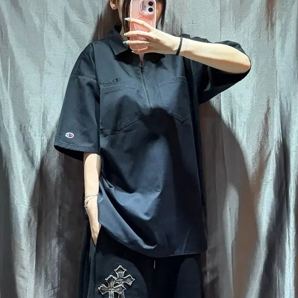 [BUNJANG] Champion Double Pocket Black PK Half-Zip T-Shirt / L 챔피온 더블 포켓 블랙 PK 반집업 반팔