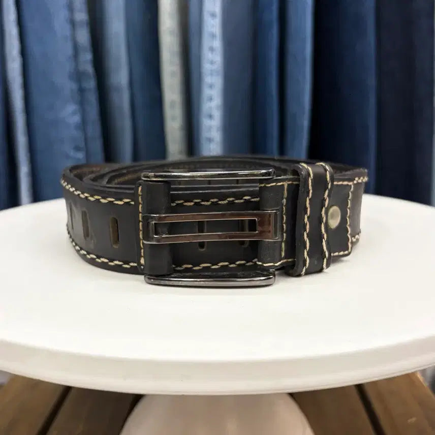 [BUNJANG] Rustic Black Real Leather Belt / 러스틱 블랙 리얼 레더 벨트