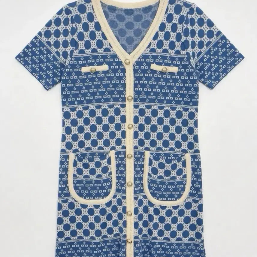 [BUNJANG] Blue Dot Pattern Knit Dress / 여성F/ 블루 도트 패턴 트의드풍 니트 원피스 vtgk