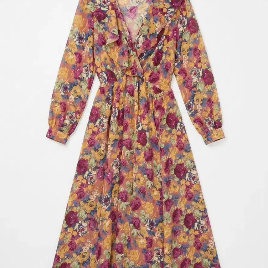 [BUNJANG] Vintage Floral Ruffle V-Neck Long Dress / 여성F/ 빈티지풍 꽃무늬 프릴 원피스 vtgk