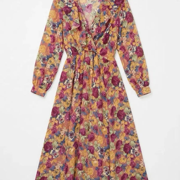 [BUNJANG] Vintage Floral Ruffle V-Neck Long Dress / 여성F/ 빈티지풍 꽃무늬 프릴 원피스 vtgk