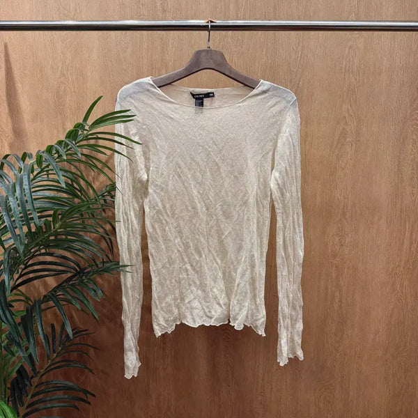 [BUNJANG] DKNY See-Through Knit Long Sleeve Crinkle Texture Wave Finish Beige / DKNY 시스루 니트 롱슬리브 크링클 텍스처 물결 마감 디테일 베이지