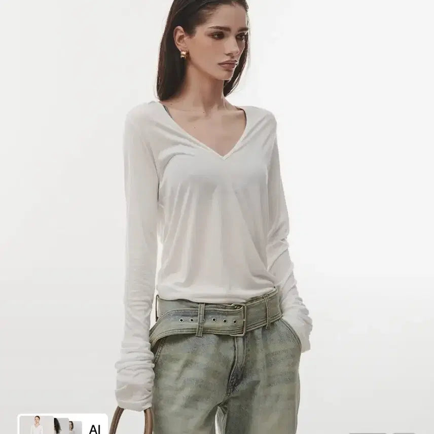 [BUNJANG] Project Wave See-through Deep Neck T-shirt Ivory New / 프로젝트웨이브 시스루 딥넥티셔츠 아이보리 새상품