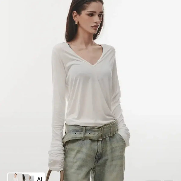 [BUNJANG] Project Wave See-through Deep Neck T-shirt Ivory New / 프로젝트웨이브 시스루 딥넥티셔츠 아이보리 새상품