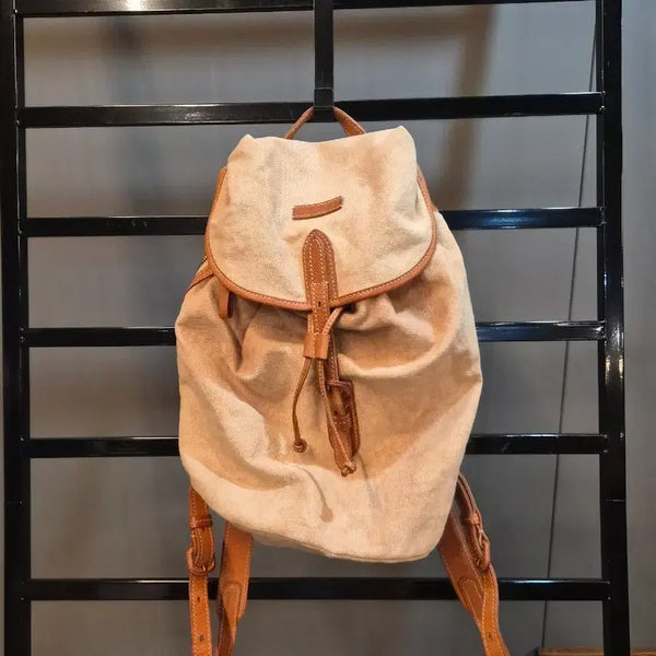 [BUNJANG] Genten Canvas & Leather Color-Block Drawstring Backpack - Beige / [FREE] genten 젠텐 캔버스 소가죽 배색 드로스트링 백팩 베이지(데드스탁) 14.9