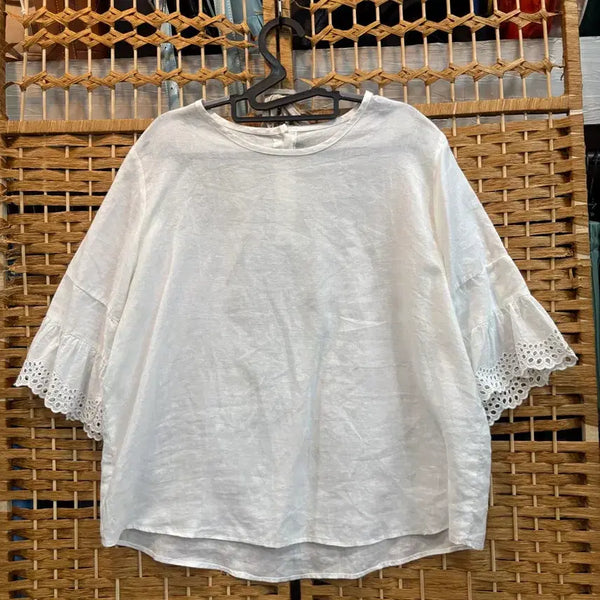 [BUNJANG] Linen White Blouse with Lace Sleeve Detail / 블라우스