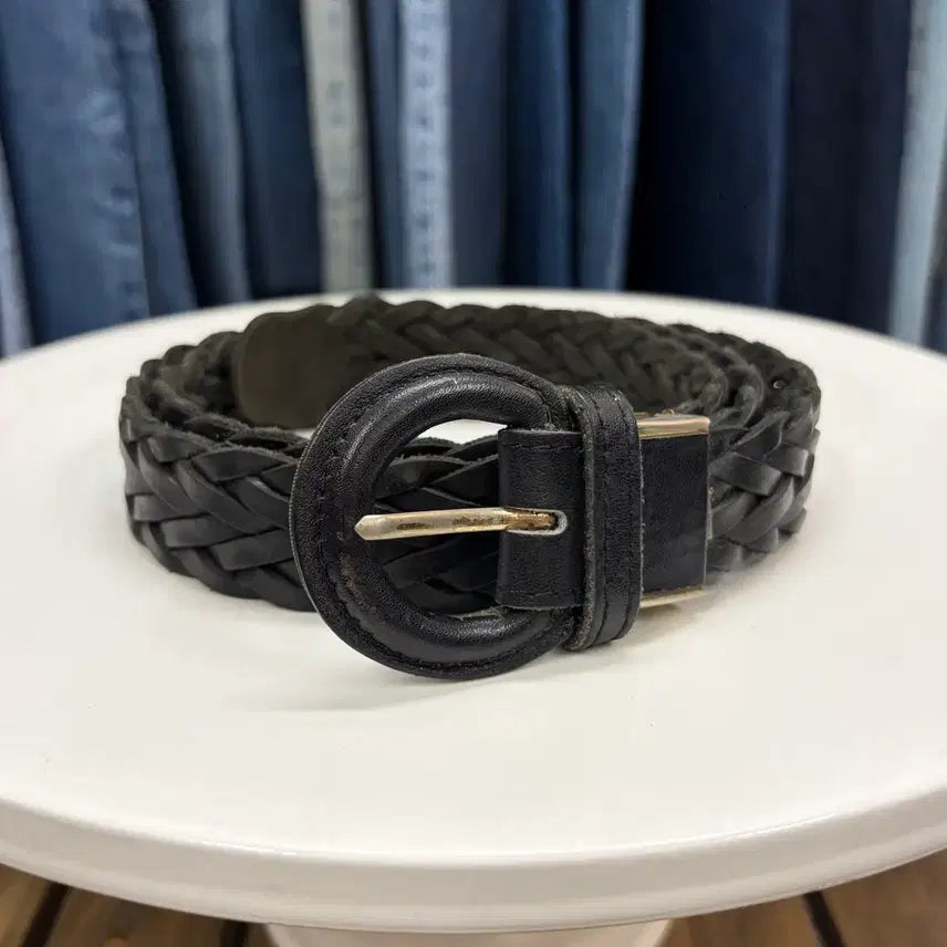 [BUNJANG] Black Braided Genuine Leather Belt / 블랙 브레이디드 리얼 레더 벨트