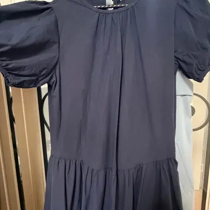 [BUNJANG] LAP Navy Puff Sleeve Midi Dress with Ruffle Hem / LAP 원피스 네이비