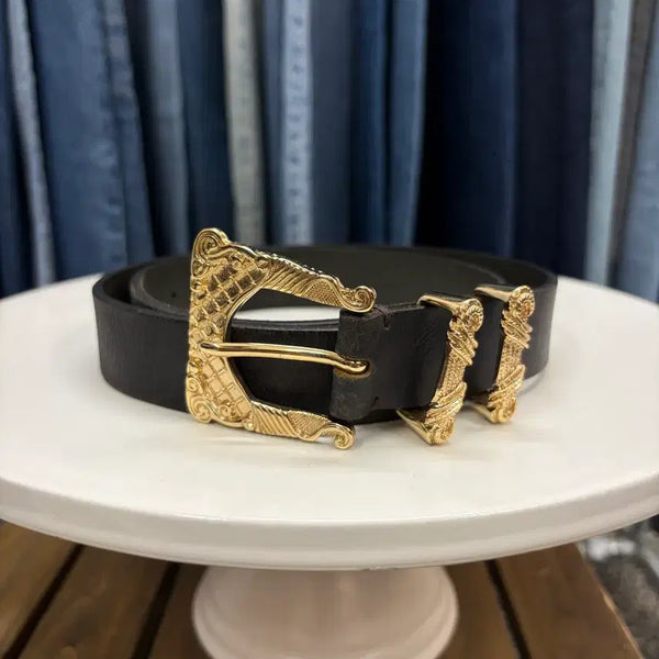 [BUNJANG] Antique Gold Buckle Real Leather Belt / 엔틱 골드 버클 리얼 레더 벨트