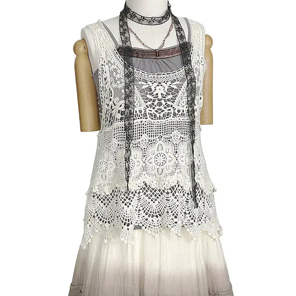 [BUNJANG] Vintage Crochet Lace Camisole Vest Top Mori Girl Y2K Hippie Ethnic / 일본빈티지 뜨개펀칭레이스캉캉 크로셰크로쉐 나시민소매조끼티 모리걸갸루y2k히피에스닉