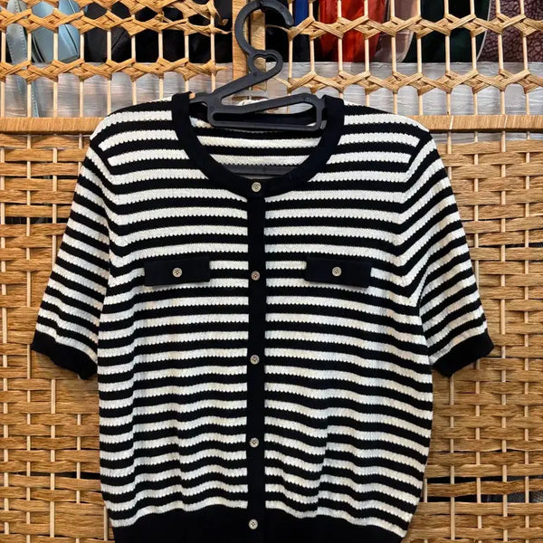 [BUNJANG] Jeweled Button Striped Knit T-Shirt / 니트 티셔츠