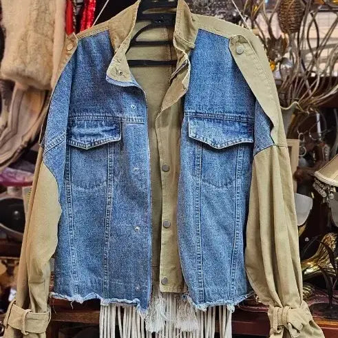 [BUNJANG] Khaki Color Block Cropped Denim Jacket with Fringed Hem / 청자켓 카키 배색 예쁨 숏