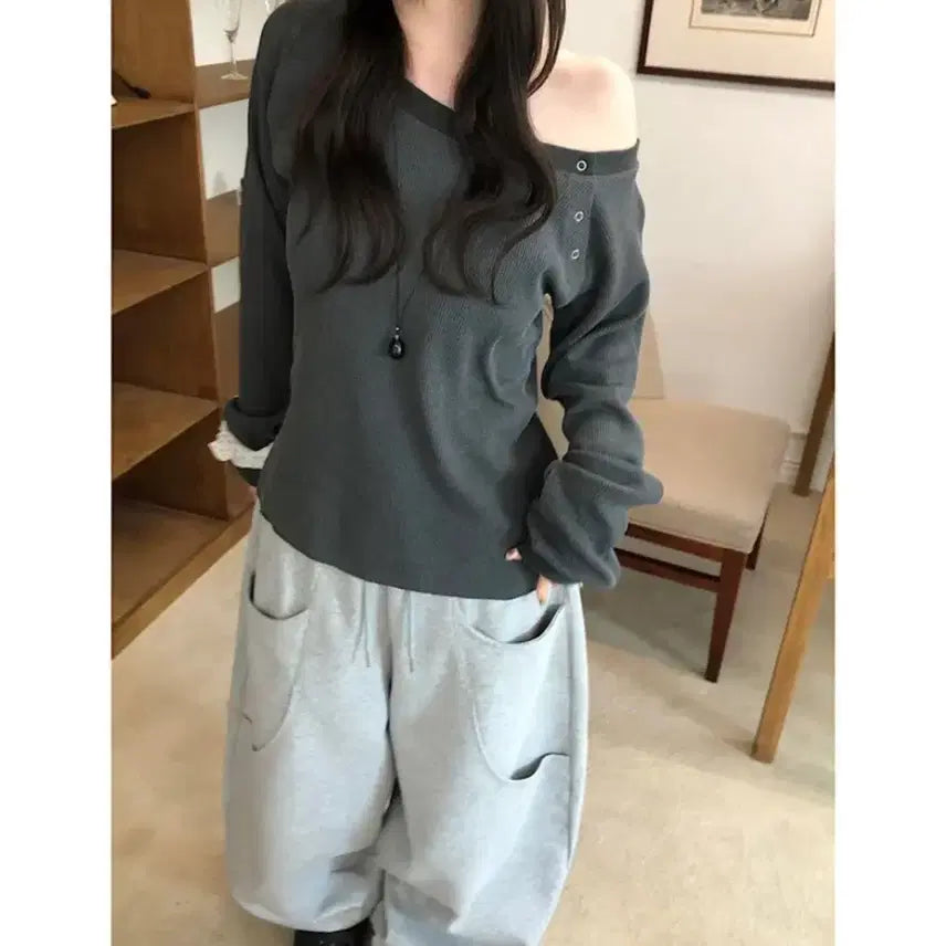 [BUNJANG] Pig Waffle One Shoulder Button Sweatshirt T-Shirt Charcoal / 피그 와플 원 숄더 버튼 맨투맨 티셔츠 차콜