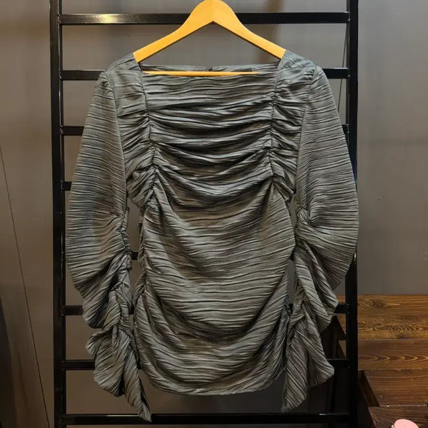 [BUNJANG] ORR Pleated Shirring Square Neck Blouse Khaki Grey / [M] ORR 오르 플리츠 셔링 스퀘어넥 블라우스 카키그레이 (새상품) 3.9
