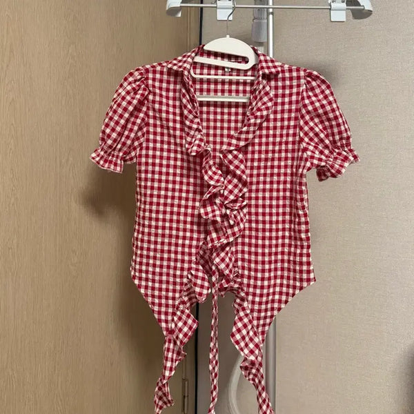 [BUNJANG] Scultor Style Red Check Blouse / 스컬프터 스타일 레드 체크 블라우스