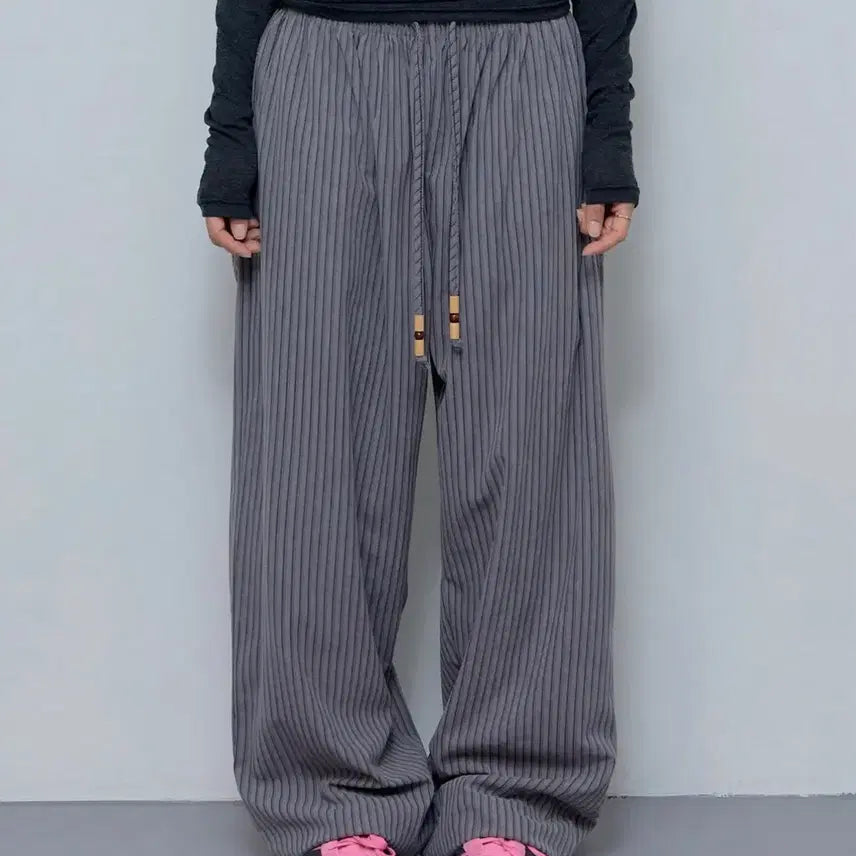 [BUNJANG] Fancy Club Cozy Stripe Wide Pants Grey / 팬시클럽 코지 스트라이프 와이드 팬츠 그레이
