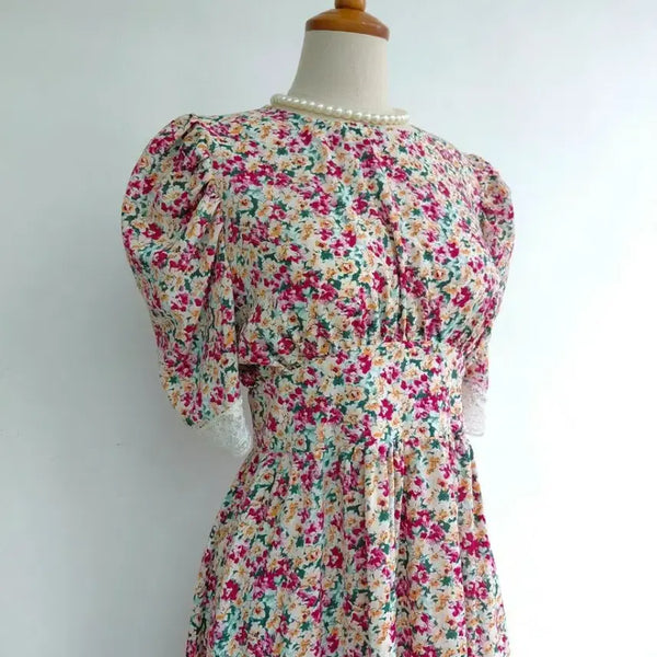 [BUNJANG] Floral Puff Sleeve Lace Long Dress / 플로럴 퍼프 소매 레이스 롱원피스