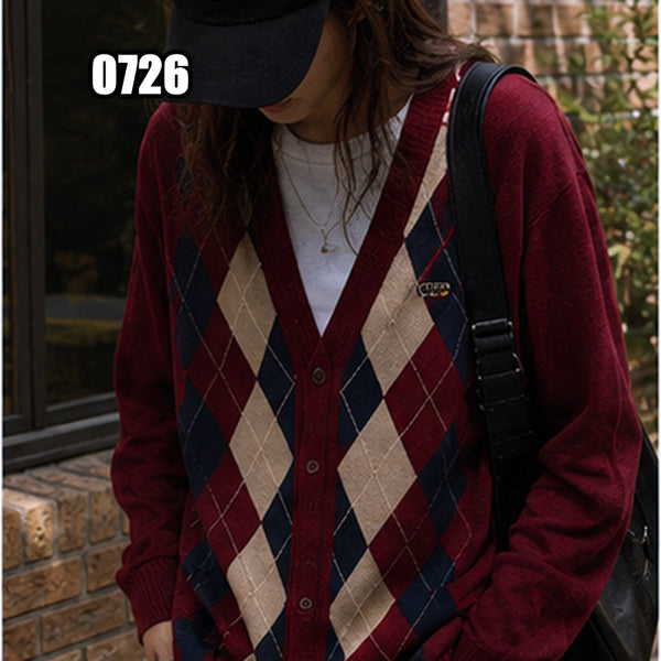 [BUNJANG] Lacoste Vintage Argyle Pattern V-Neck Cardigan / L 라코스테 빈티지 아가일 패턴 브이넥 가디건