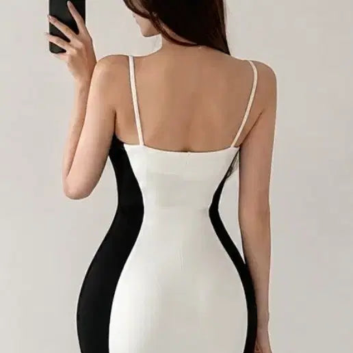 [BUNJANG] Colorblock Slim Fit Mini Spaghetti Strap Dress / 슬림핏 배색 미니 스트랩 원피스