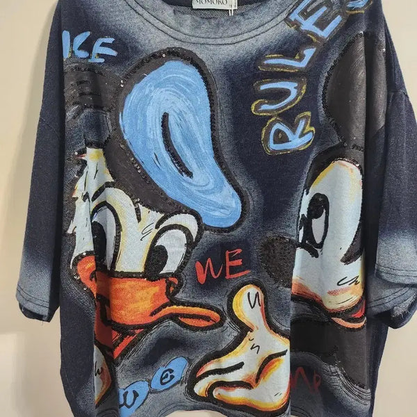 [BUNJANG] Disney Mickey Mouse Donald Duck Vintage Washed Sequin Oversized T-Shirt / 디즈니 미키마우스 도널드덕 빈티지 워싱스팽글 빅사이즈 오버핏 반팔티셔츠<새상품>가격x