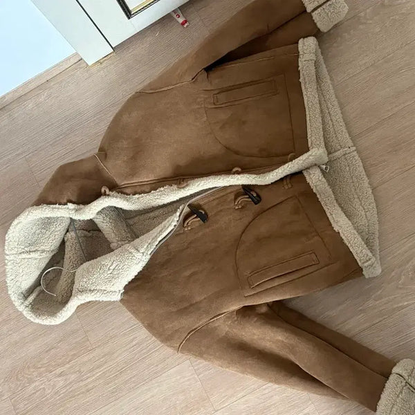 [BUNJANG] Brown Suede Shearling Lined Hooded Coat / 무스탕 코트 후드