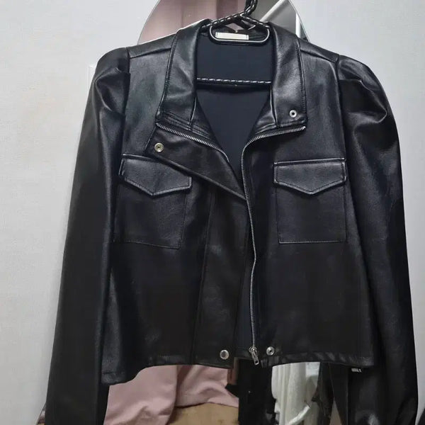 [BUNJANG] Shoulder Puff Cropped Leather Jacket / 어깨퍼프 크롭 레더 자켓