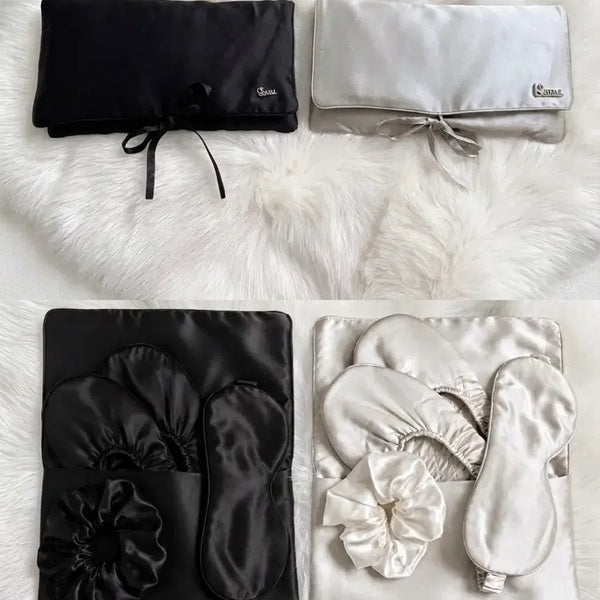 [BUNJANG] OVTU 100% Silk Home & Travel Care Set (Scrunchie, Sleep Mask, Slippers, Pouch) / 오브이티유 실크100% 파우치 세트(스크런치,수면안대,슬리퍼,파우치)