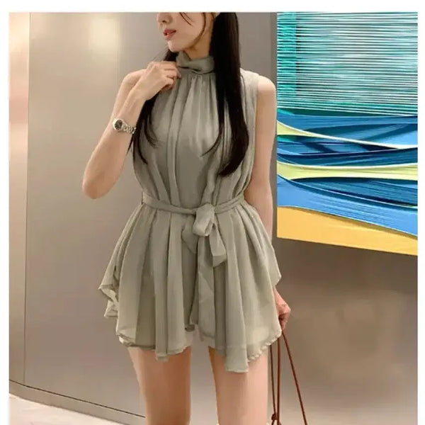 [BUNJANG] Chiffon Halterneck Blouse with Ribbon Belt / 쉬폰 리본 벨트 쉬폰 블라우스 홀터넥 원피스