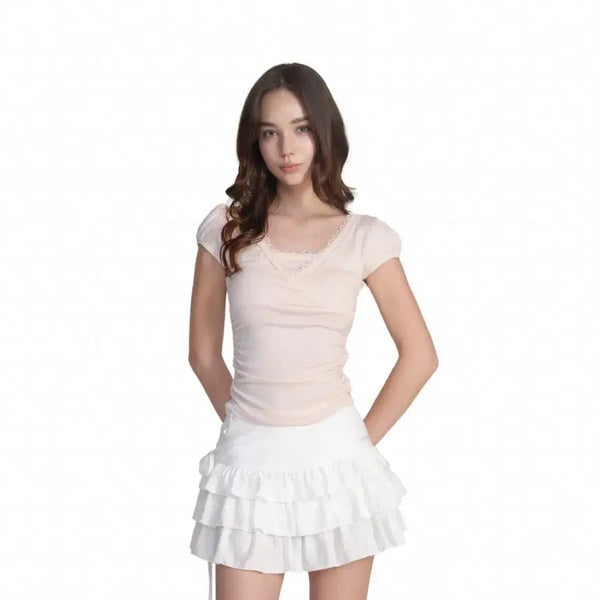 [BUNJANG] Clishere Vivian Ballet Lace Short Sleeve Top Pink / 클리시어 비비안 발레 레이스 탑 반팔 핑크