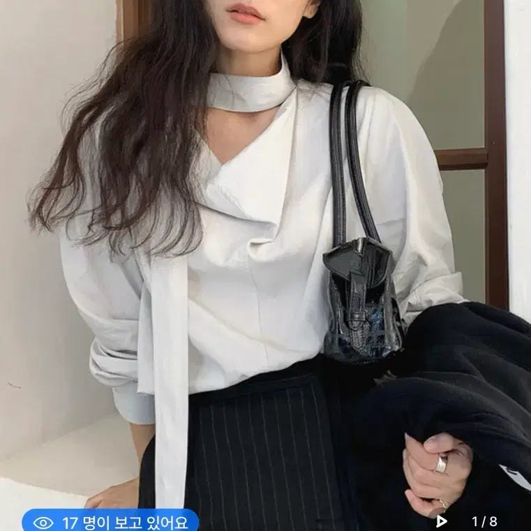 [BUNJANG] Soft Grey Cowl Neck Scarf Balloon Blouse / 하객룩 카울넥 스카프 벌룬 블라우스, 소프트 그레이