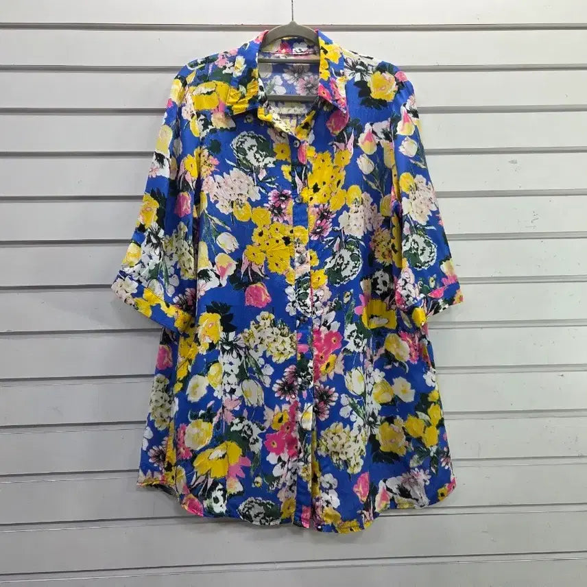[BUNJANG] Flower Print 3/4 Sleeve Long Blouse (Size 77) / 플라워  칠부소매  부인복  롱블라우스 77/보물찾기천사