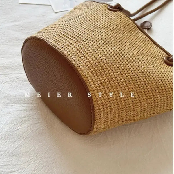 [BUNJANG] Rattan Leather Color Block Shoulder Bag Beige / 라탄 가죽 배색 숄더백 베이지