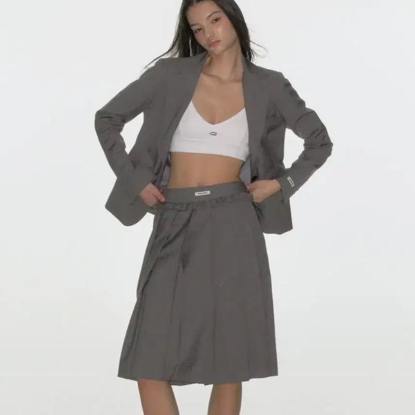 [BUNJANG] Crank Frill Pleats Midi Skirt - Grey / 크랭크 프릴 플리츠 미디 스커트_그레이