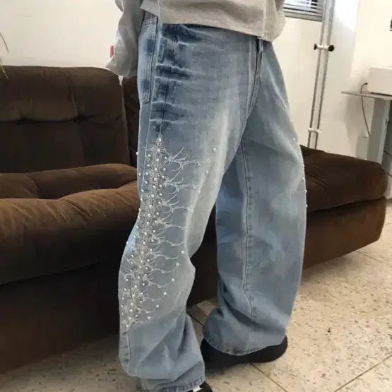 [BUNJANG] Piercing Detail Loose Fit Denim Pants / 피어싱 데님 팬츠