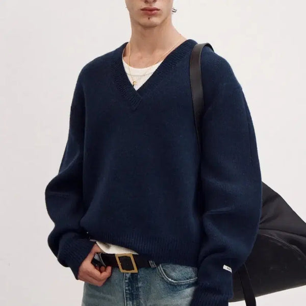 [BUNJANG] Recto Chunky Wool Blend V-Neck Knit Navy M / 렉토 청키 울 블렌드 브이넥 니트 네이비M