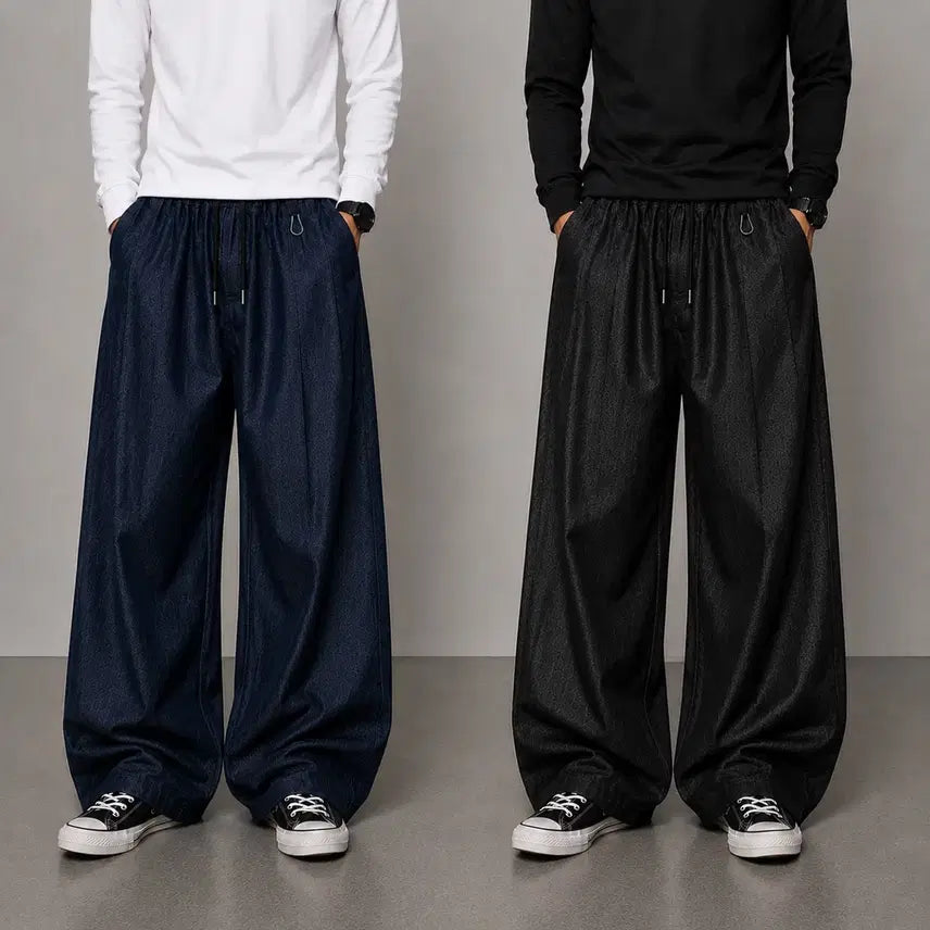 [BUNJANG] 2-Pack Denim Pintuck Banding Pants (Black & Blue) / (2PACK) 데님 핀턱 밴딩 팬츠 흑청진청