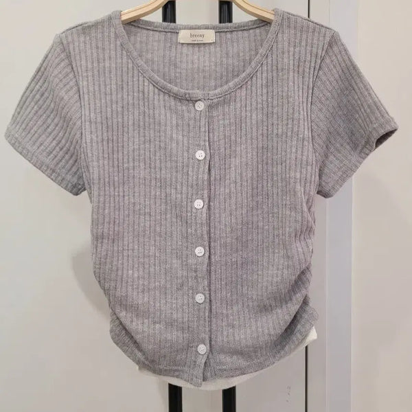 [BUNJANG] Gray Ribbed Cropped T-Shirt / 그레이 반팔 골지 크롭 티셔츠 55사이즈