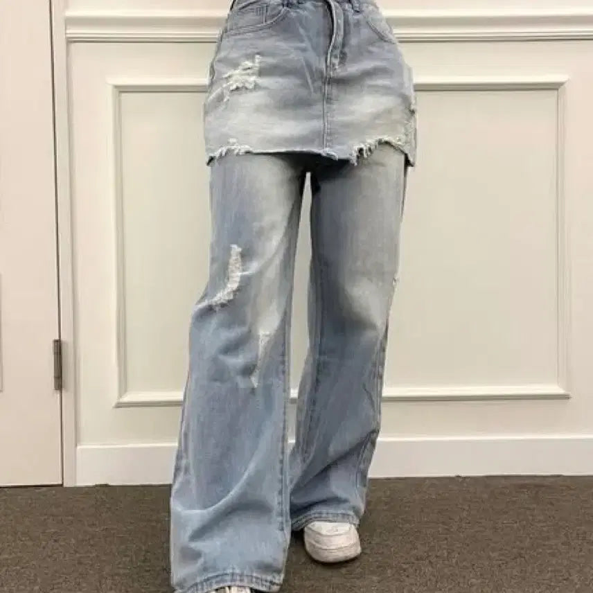[BUNJANG] Distressed Wide Denim Pants / 데미지와이드데님팬츠