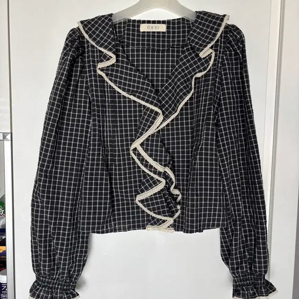 [BUNJANG] Poeto Ruffle Check Blouse Free Size / 상태좋음) 실사있음 포에토 러플 체크 블라우스 프리사이즈