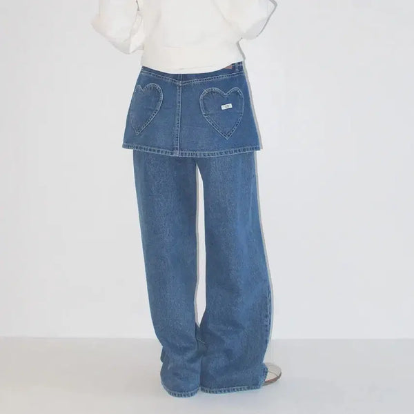 [BUNJANG] RonRon Heart Pocket Layered Denim Skirt Pants Medium Blue / 론론 하트 포켓 데님 스커트 바지
