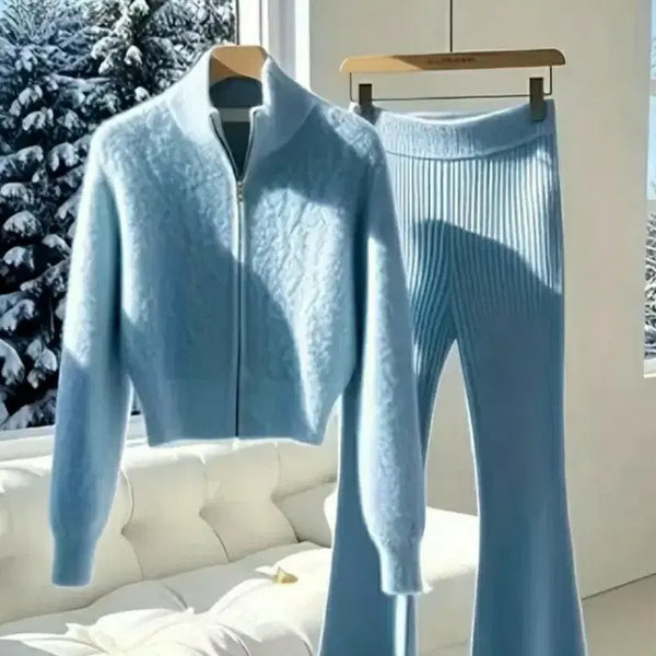 [BUNJANG] Pastel Blue Knit Zip-Up Set / 파스텔 블루 니트 집업 세트