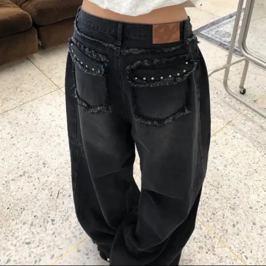 [BUNJANG] No Bun Black Denim Distressed Wide Leg Pants / 노번 스냅 흑청 데미지 와이드 데님바지