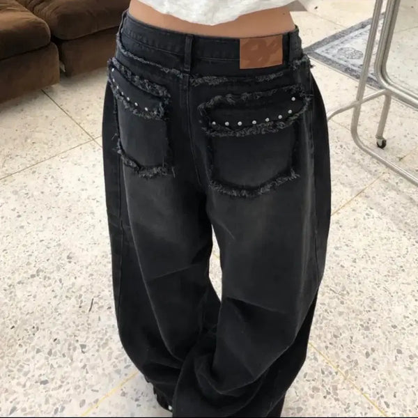 [BUNJANG] No Bun Black Denim Distressed Wide Leg Pants / 노번 스냅 흑청 데미지 와이드 데님바지